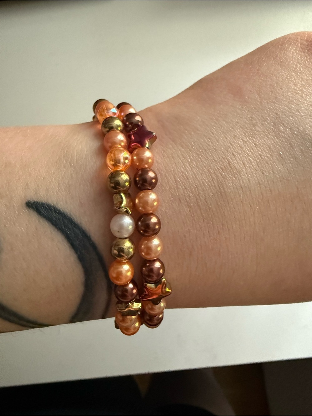Handmade Mom & Daughter Matching Beaded Stretch Bracelet Set - Orange and Gold